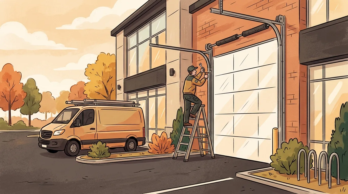 Technician repairing a commercial overhead door at an Auburn Hills, Michigan business