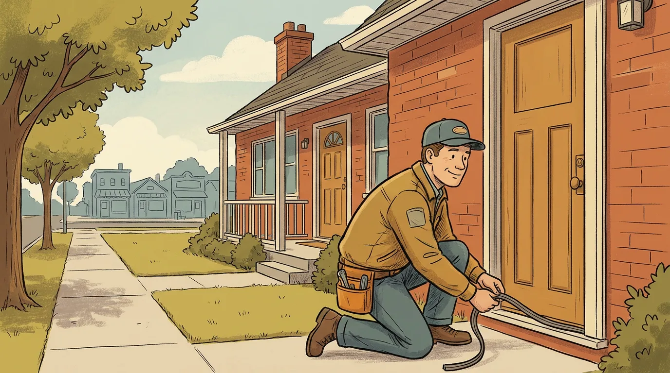 Technician installing weatherstripping on the front door of a brick bungalow on a tree-lined Berkley, Michigan street