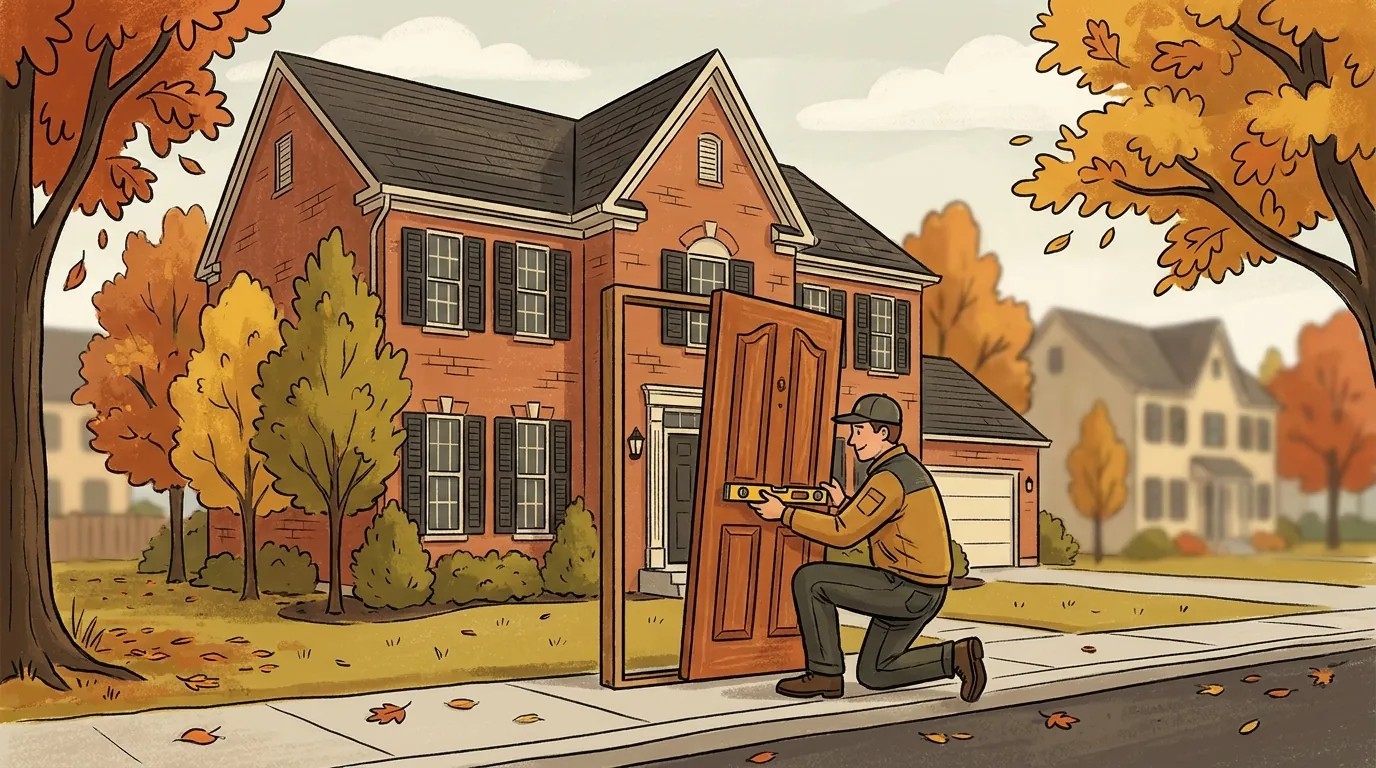 Technician leveling a new wood entry door outside a brick colonial home in Bloomfield Hills, Michigan
