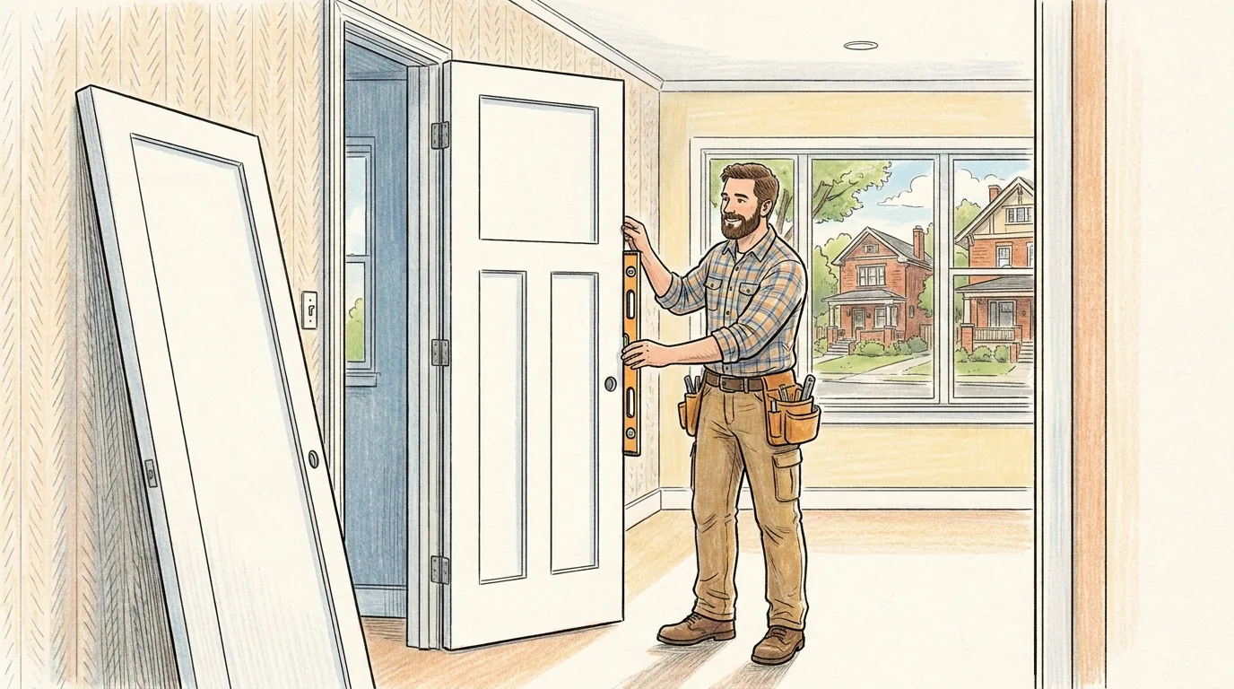 Illustration of a door installer holding a level against a newly hung white shaker interior door in a bright Metro Detroit hallway, with a second door leaning against the wall