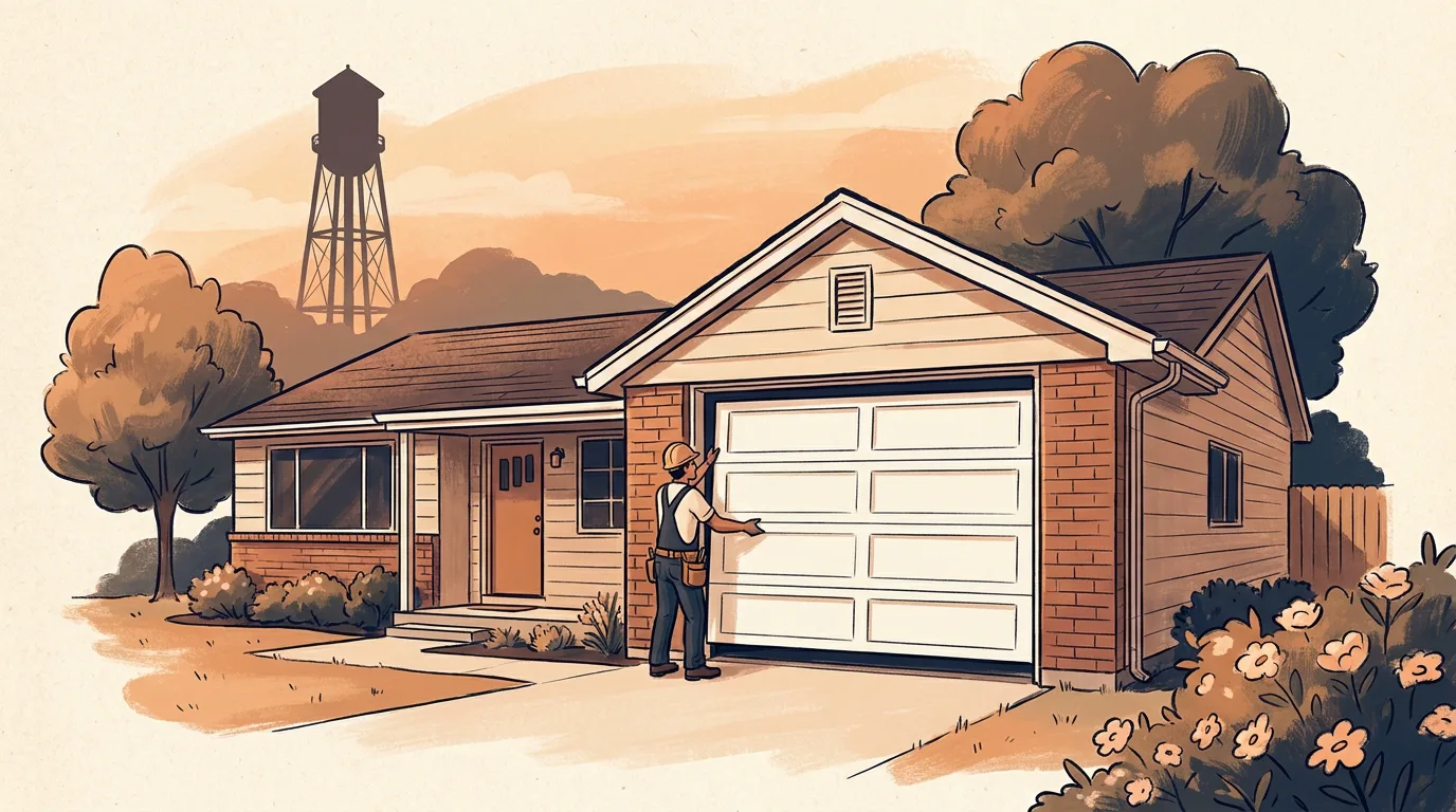 Technician inspecting a garage door at a brick ranch in Clawson, Michigan with the city water tower in the distance