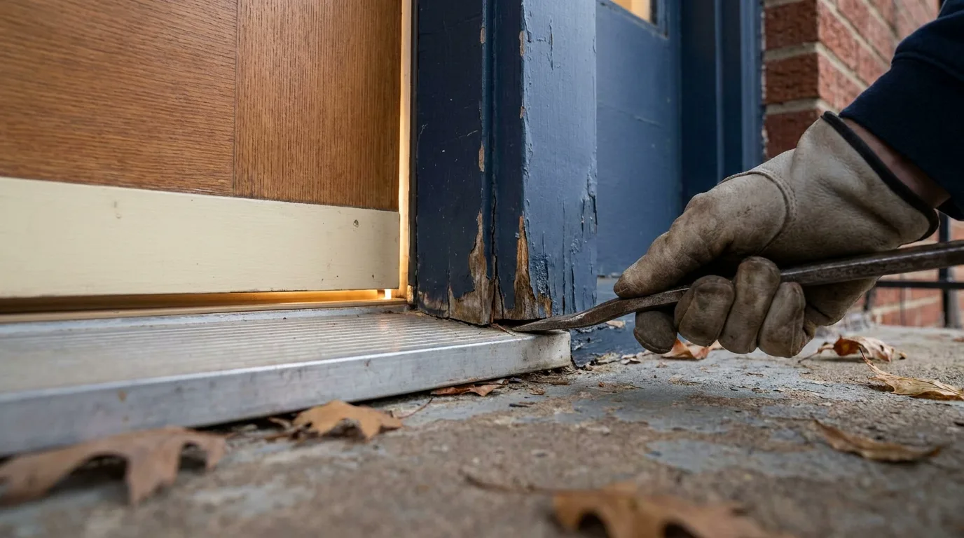 Close-up of a water-damaged exterior door jamb and threshold on a Metro Detroit brick bungalow, with a visible daylight gap at the door edge