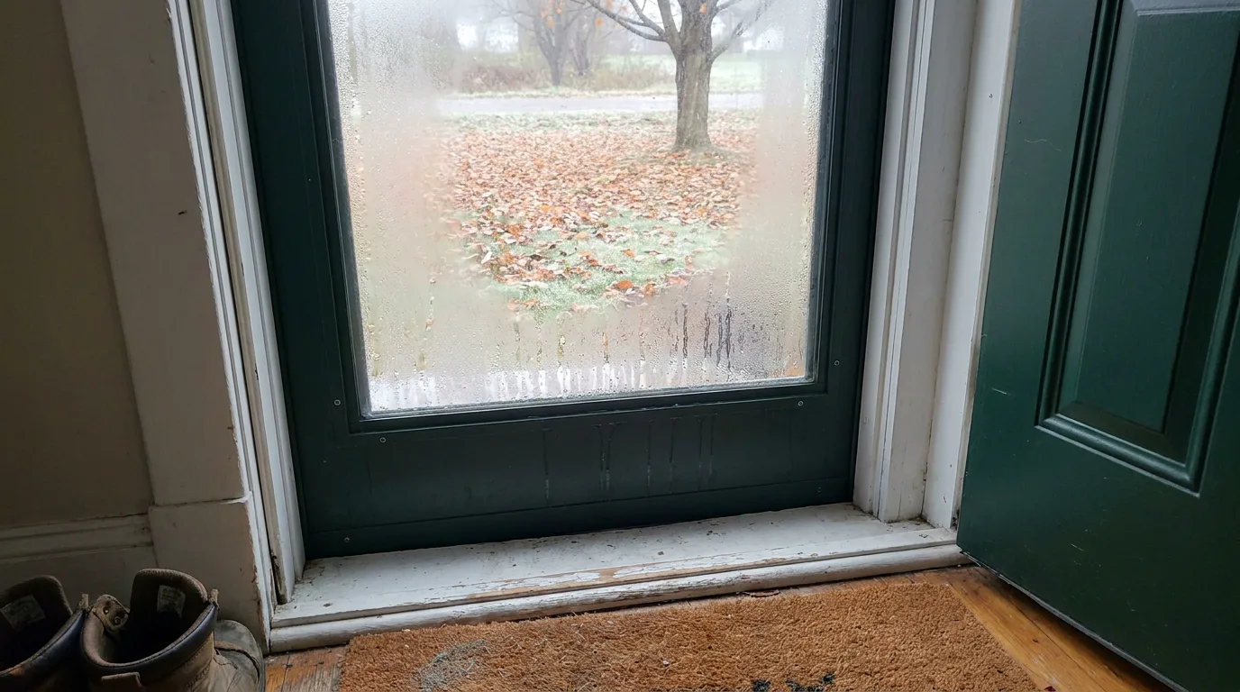 Condensation fogging the glass of a green storm door, seen through the open front door of a Metro Detroit entry hall on a frosty autumn morning