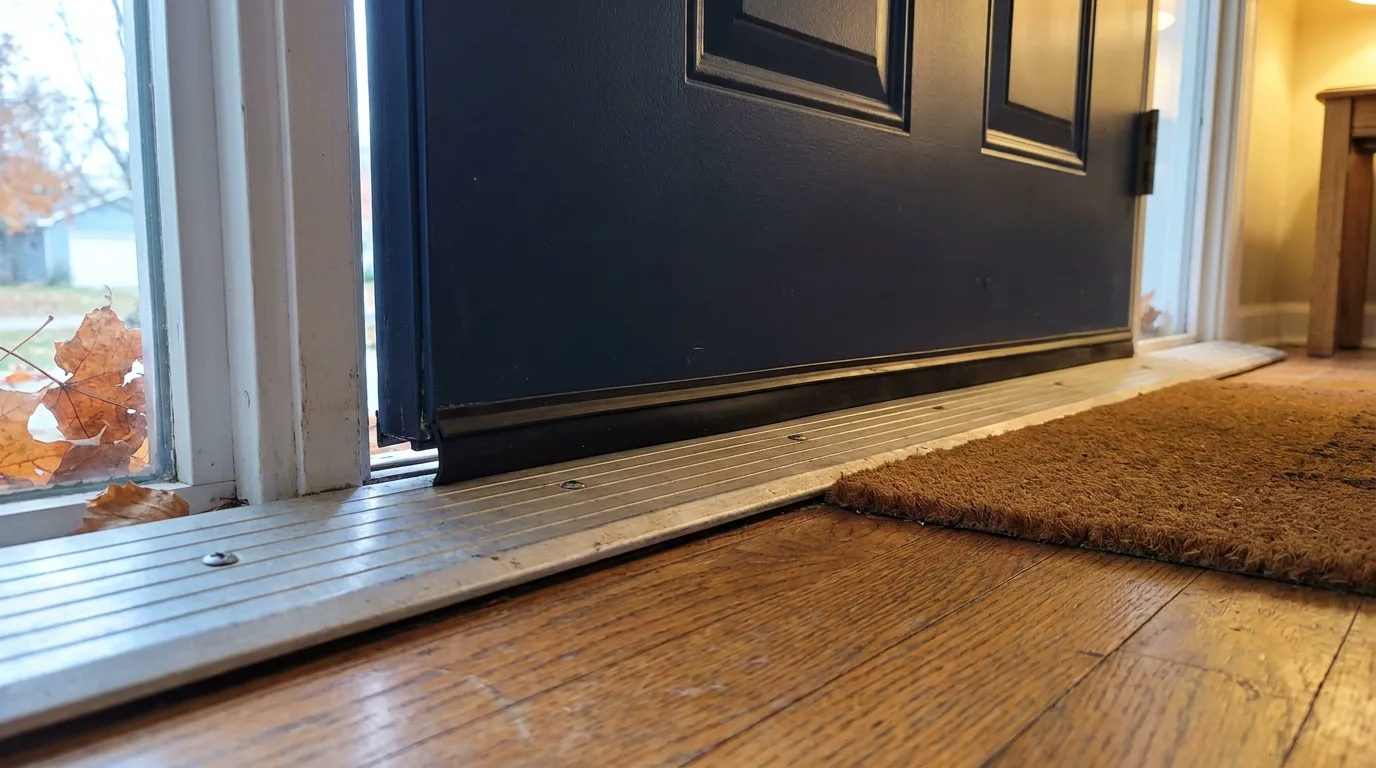 Bottom of a navy front door with its rubber door sweep above an aluminum threshold, seen from inside a Metro Detroit entry hall with autumn leaves outside