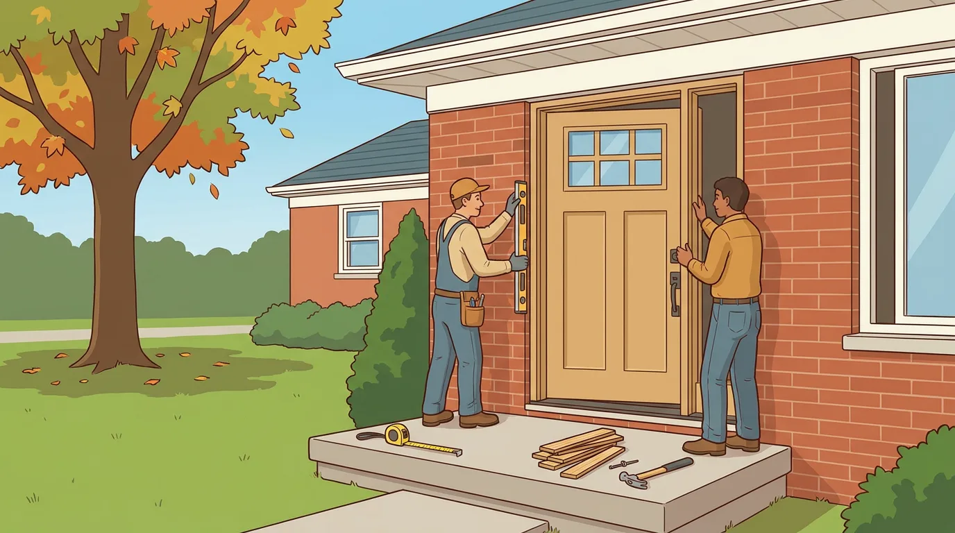 Illustration of a two-person crew setting a new fiberglass front door unit plumb in the brick entry of a Metro Detroit bungalow on an early-autumn afternoon