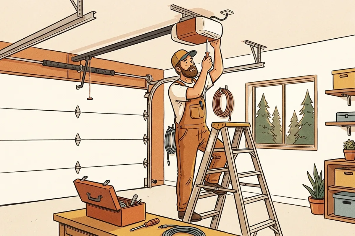 Technician on a ladder repairing a ceiling-mounted garage door opener in a Metro Detroit garage