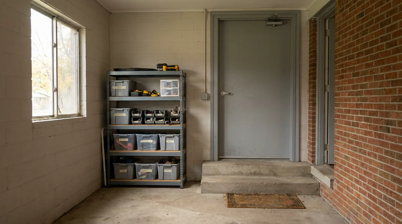 A solid steel door with a self-closing hinge leading from an attached garage into a Metro Detroit ranch home