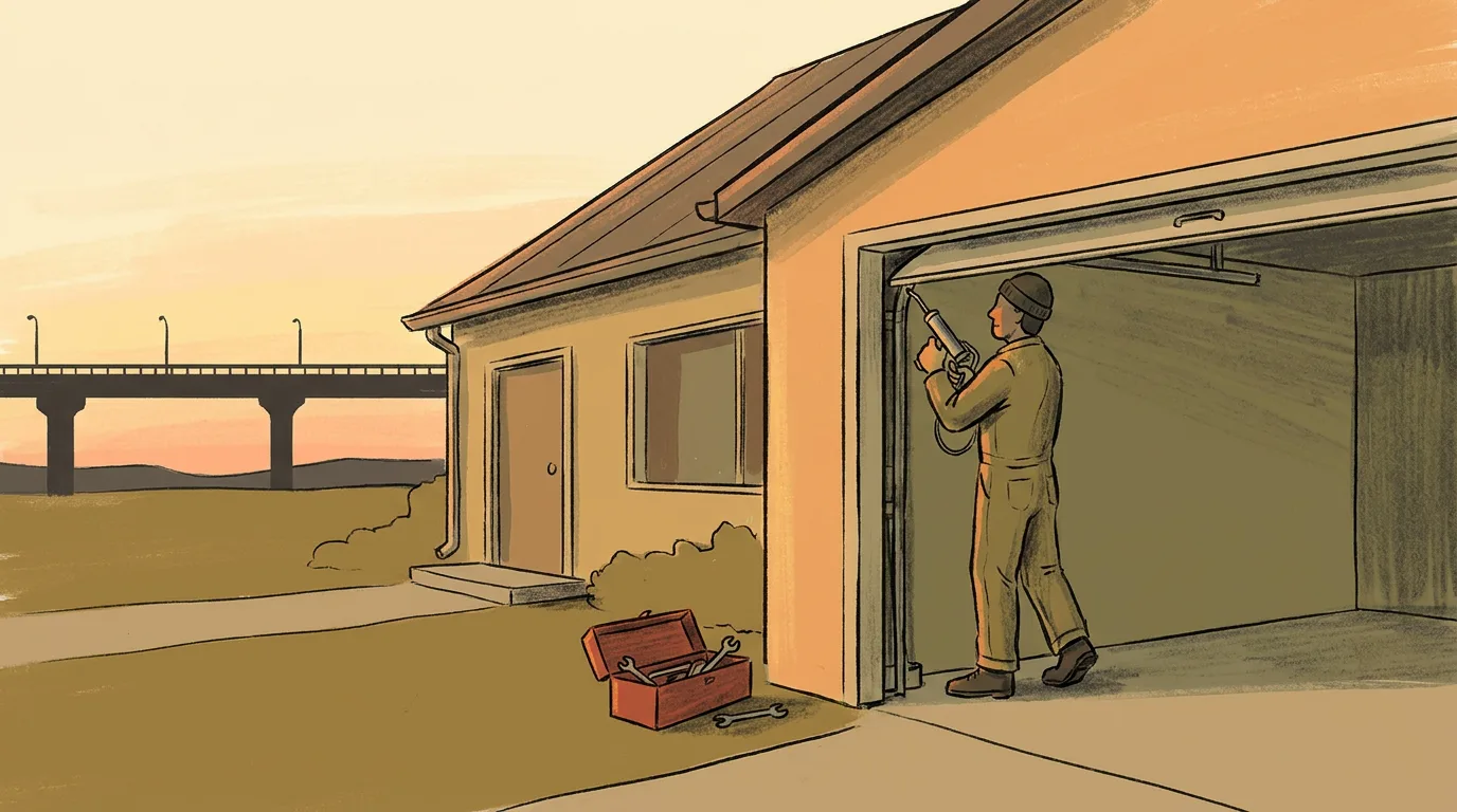 Technician sealing a garage door frame at sunset in Hazel Park, Michigan with a freeway overpass in the distance