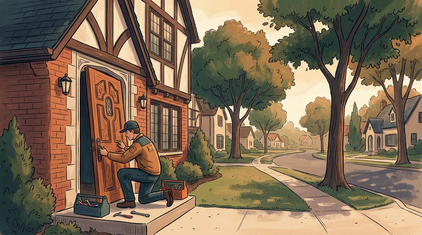 Technician adjusting hardware on a carved wood entry door of a brick Tudor home on a tree-lined Huntington Woods, Michigan street