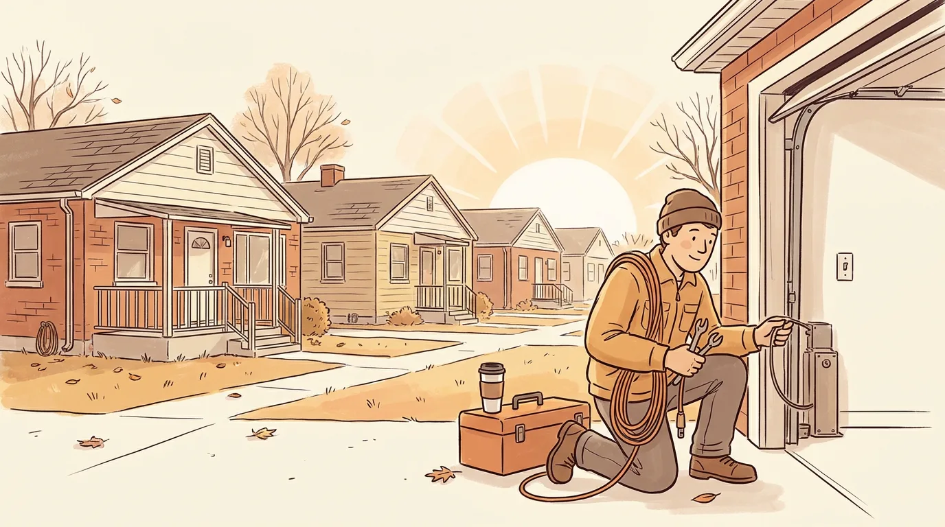 Technician repairing a garage door opener on a street of postwar bungalows in Lincoln Park, Michigan