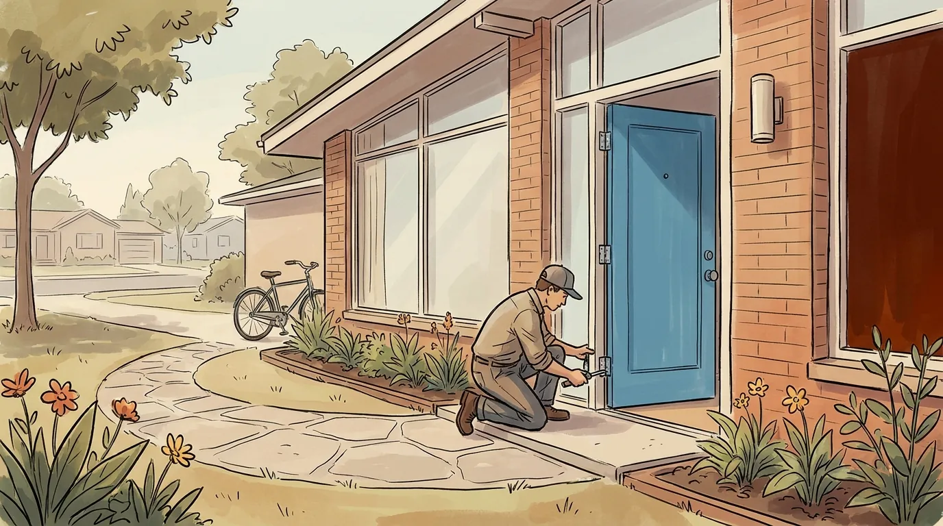 Technician repairing the front door of a mid-century brick home in Oak Park, Michigan