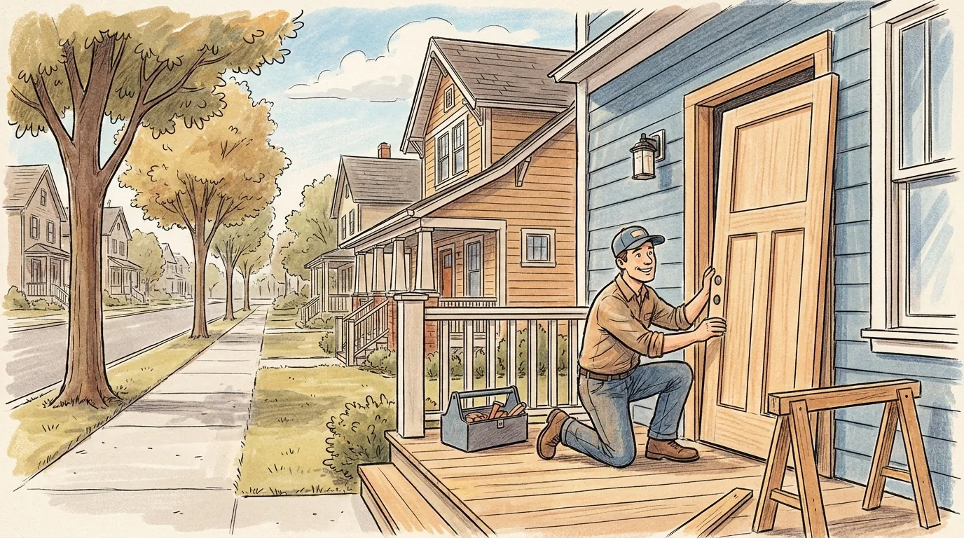 Technician fitting a new wood door at the front porch of an older Pontiac, Michigan home