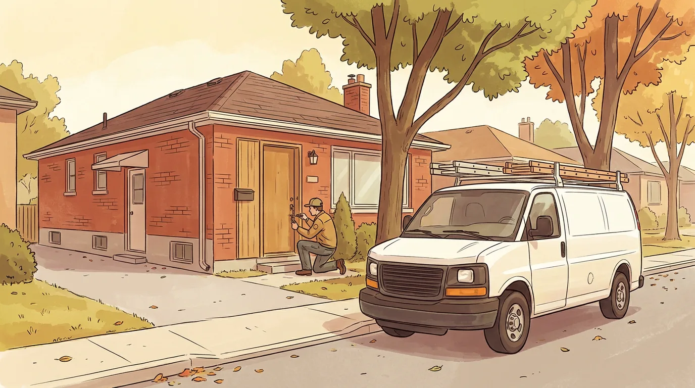Technician repairing the front door of a brick bungalow in Redford, Michigan with a service van parked at the curb