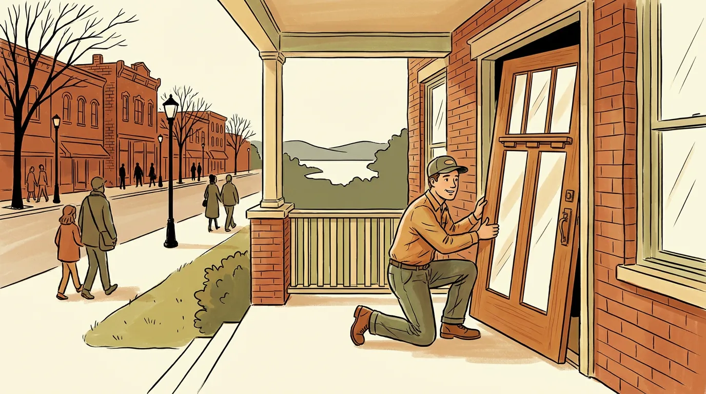 Technician checking the swing of a new front door at a craftsman style home near downtown Rochester, Michigan