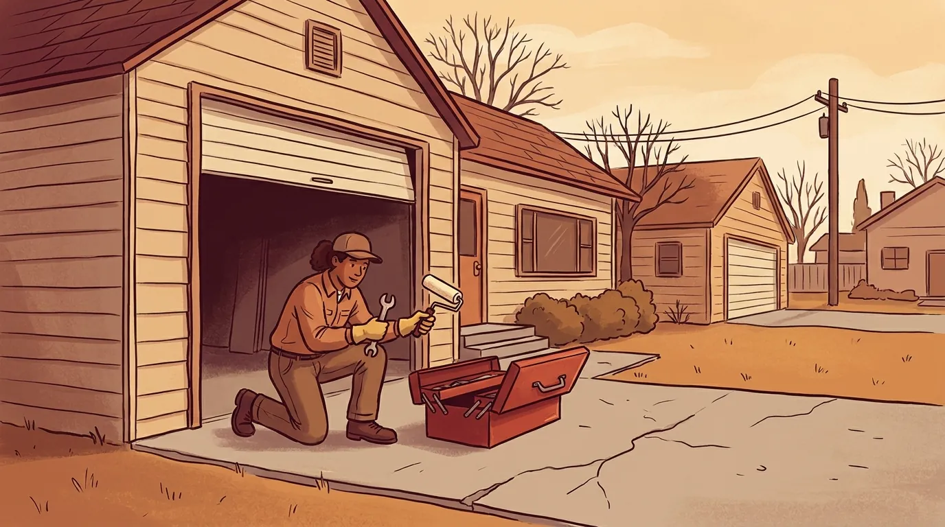 Technician making door repairs outside a postwar home and detached garage in Roseville, Michigan