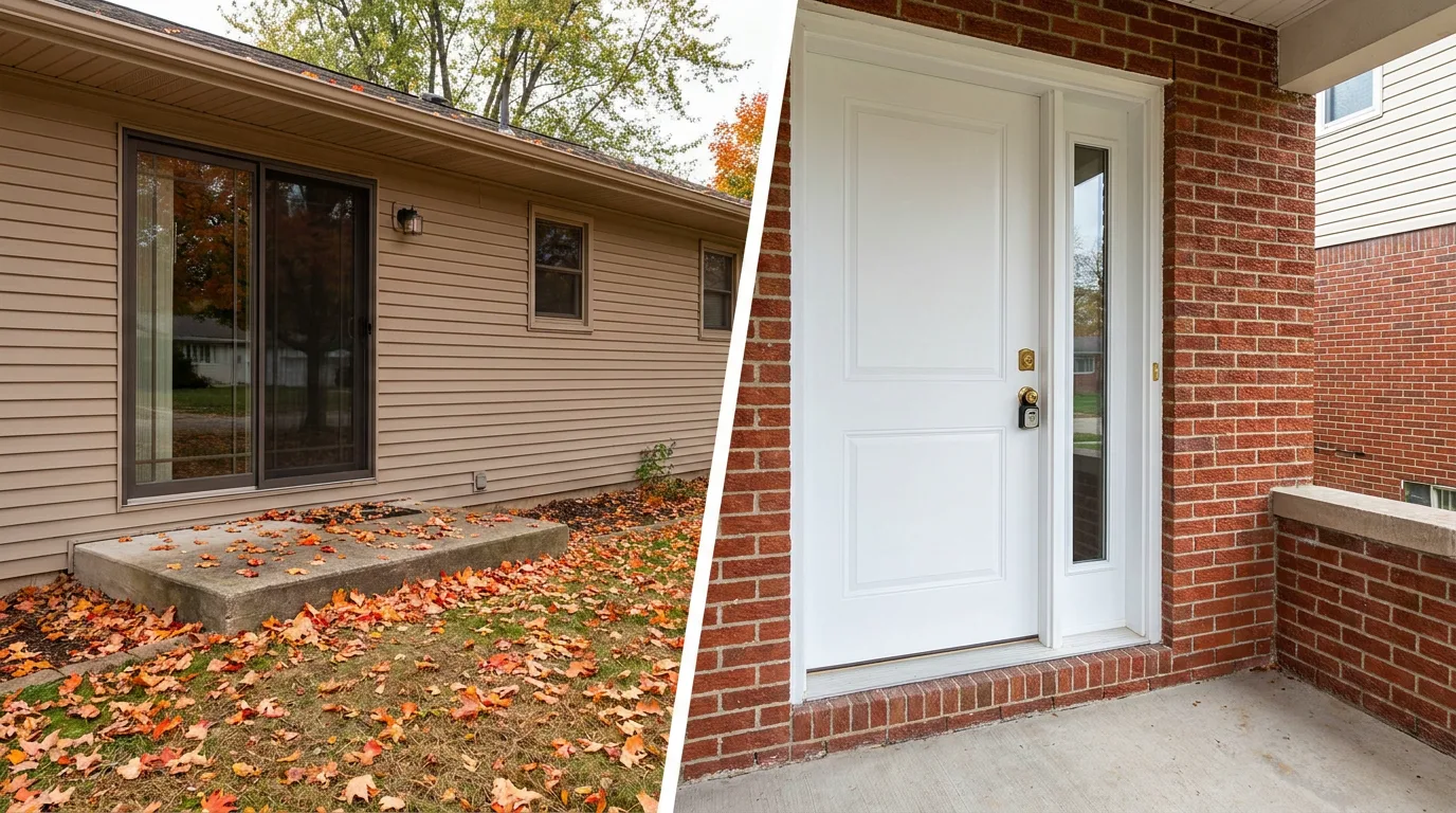 Two-panel illustration: a sliding glass door used as a home's main entrance beside a hinged fiberglass front door on a brick Metro Detroit porch in autumn