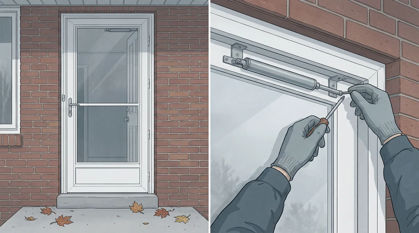 Two-panel illustration of a white storm door on a brick Metro Detroit porch in autumn, and gloved hands adjusting the screw on its pneumatic closer tube