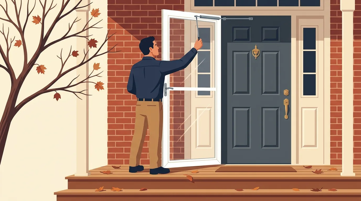 Illustration of a door technician adjusting the pneumatic closer on a white full-view storm door at the brick front entry of a Metro Detroit home on an autumn afternoon
