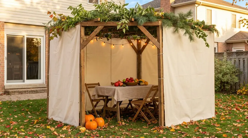 A wooden sukkah with cream canvas walls and a roof of pine and leafy branches on a backyard lawn in autumn, a table inside set with apples, pomegranates and gourds, pumpkins by the entrance and a glass patio door on the house to the left