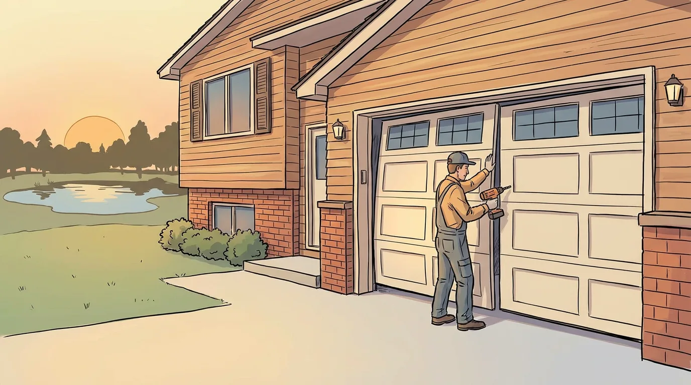 Technician fitting weatherstripping between double garage doors at a split-level home in Taylor, Michigan