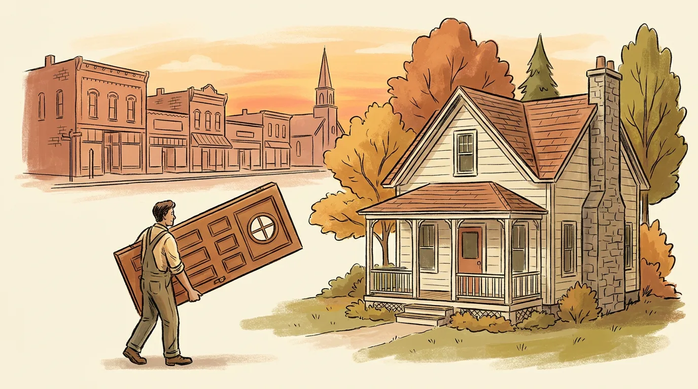 Installer carrying a new wood door toward an older two-story home near the historic downtown of Utica, Michigan