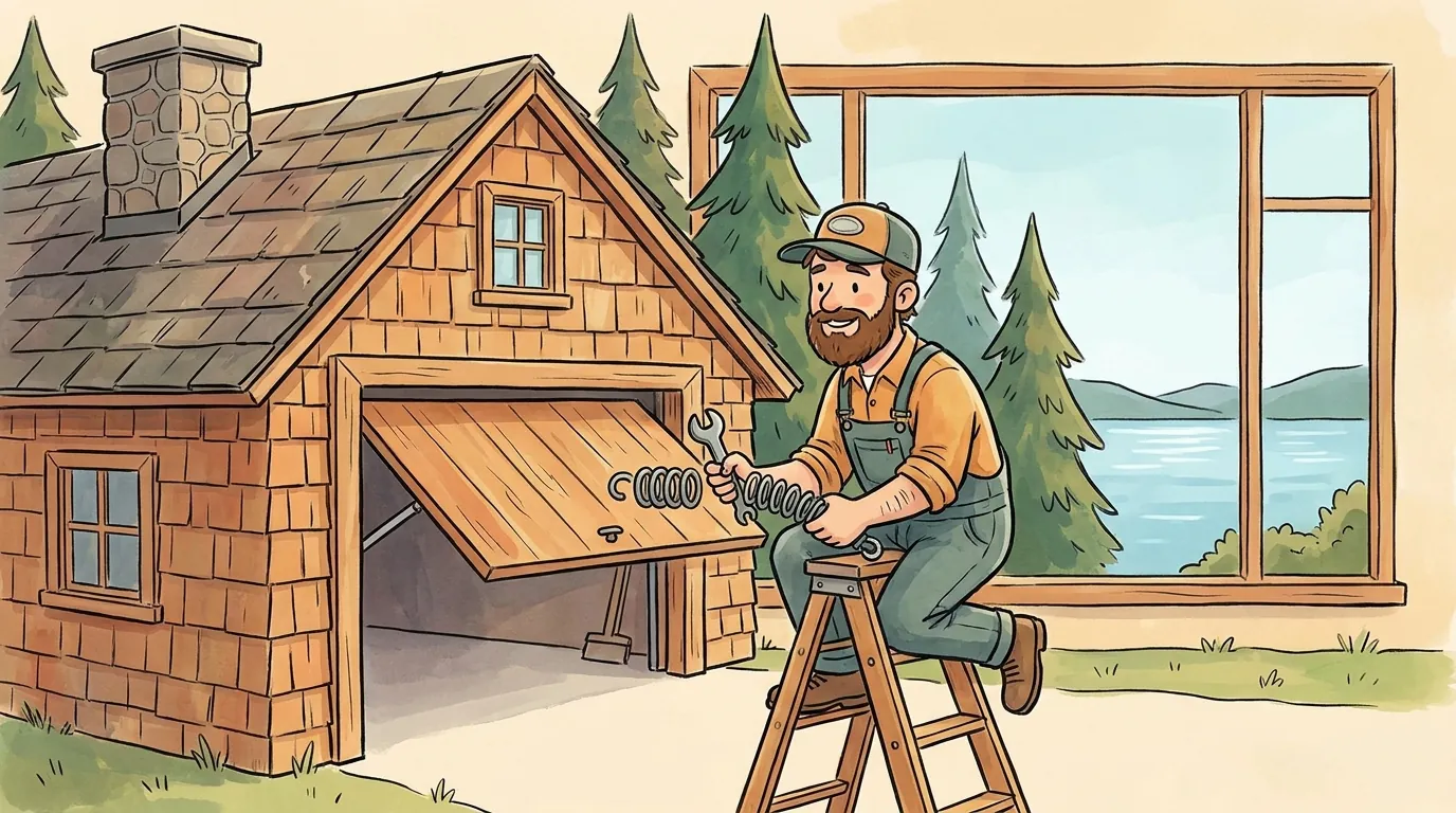 Technician repairing a garage door at a lakeside cottage in Waterford, Michigan