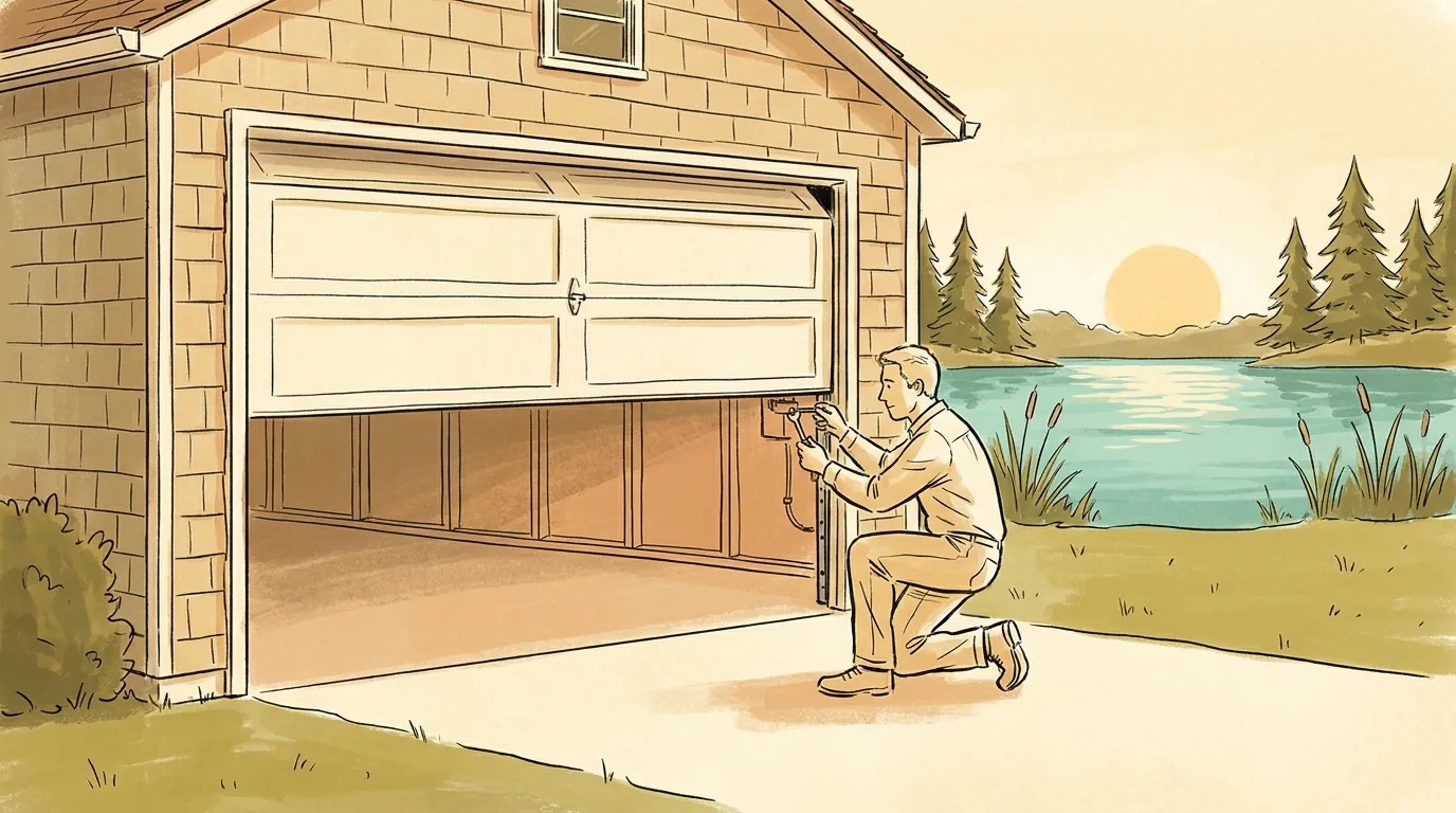 Technician repairing a garage door at a lakeside home in West Bloomfield, Michigan