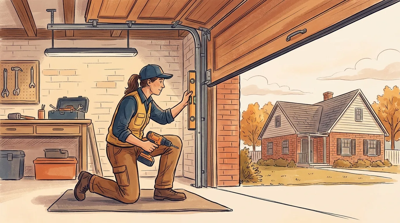 Technician leveling a garage door opener track inside a Westland, Michigan garage