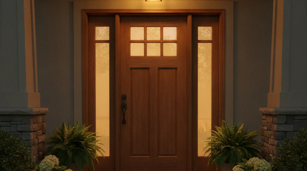 A closed wooden craftsman front door at dusk under a lit porch lantern, with warm light glowing through the six panes and the two sidelights, and potted ferns and hydrangeas on the porch